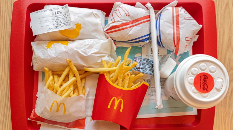 A McDonald's meal on a try with two portions of french fries