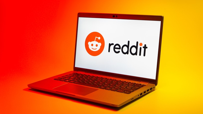 A reddit logo on a laptop with a colorful background