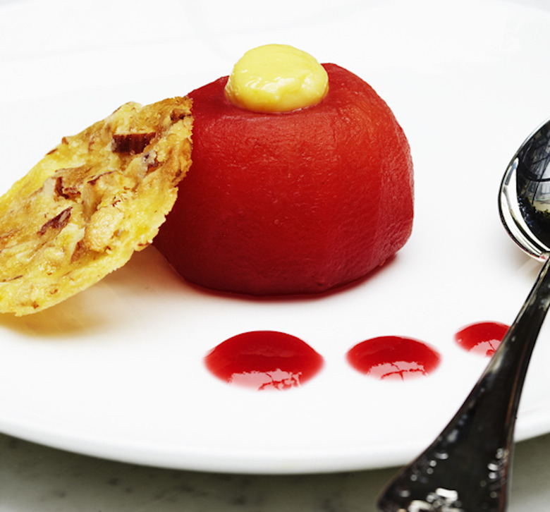 Raspberry Poached Apples With White Chocolate And Fennel Cream