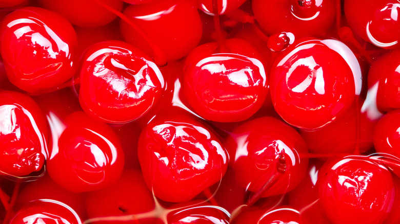 Red cocktail cherries in syrup