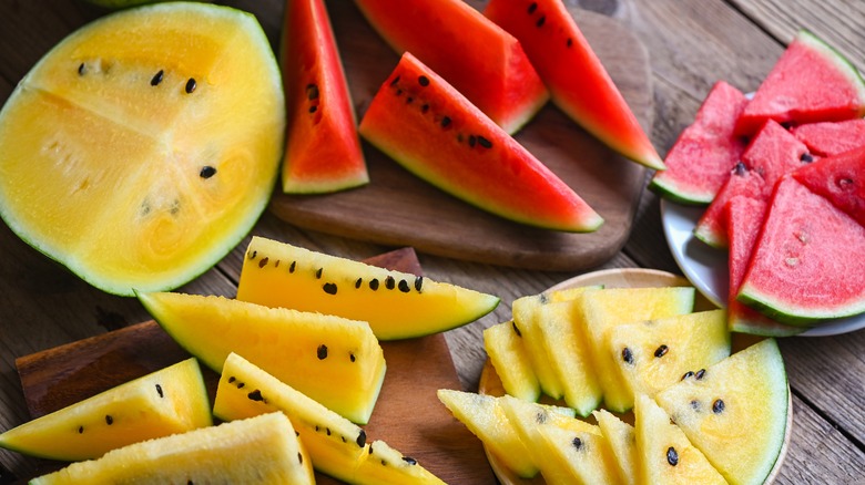 Slices of red and yellow watermelon
