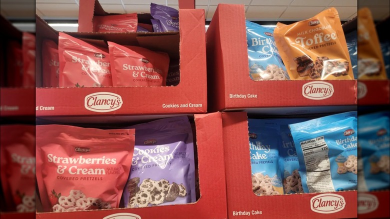 Bags of Clancy's Birthday Cake, Strawberries & Cream, Toffee covered pretzels from Aldi