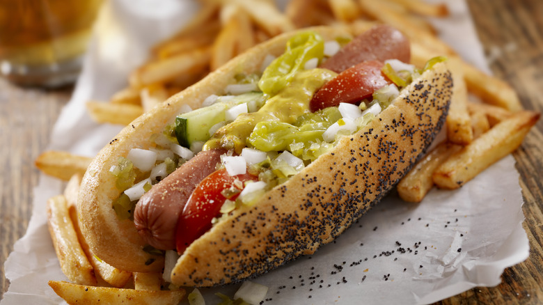 Chicago-style hot dog with french fries
