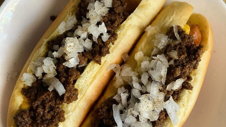 New York System hot dogs on a white plate