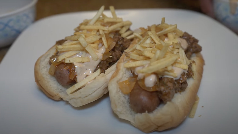 Puerto Rican hot dogs on a plate