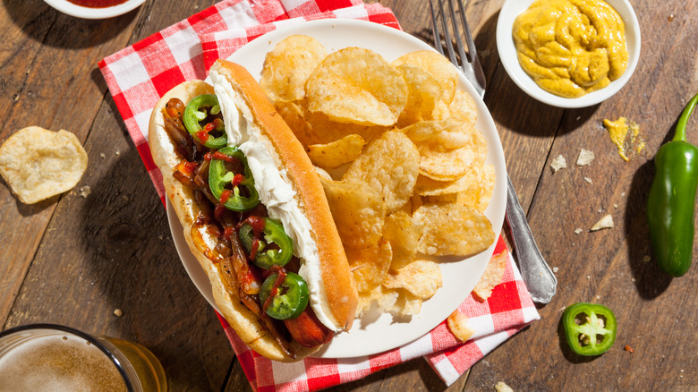 Seattle style hot dog with potato chips
