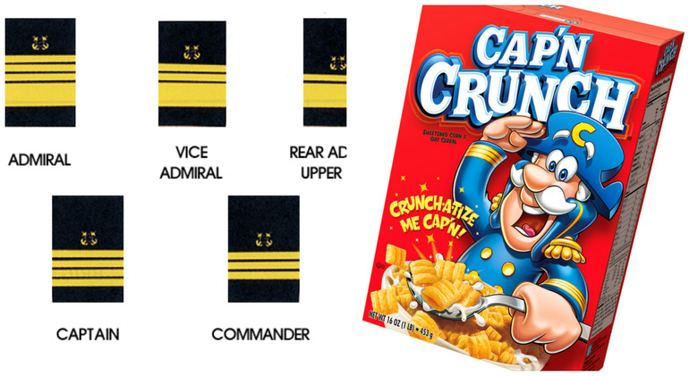 U.S. navy ranks on the left. A box of Cap'n Crunch on the right. You do the math.