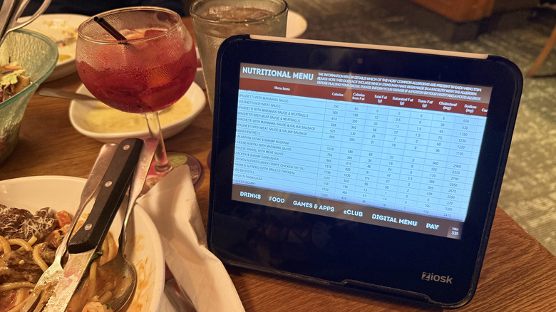 Nutrition information screen at table