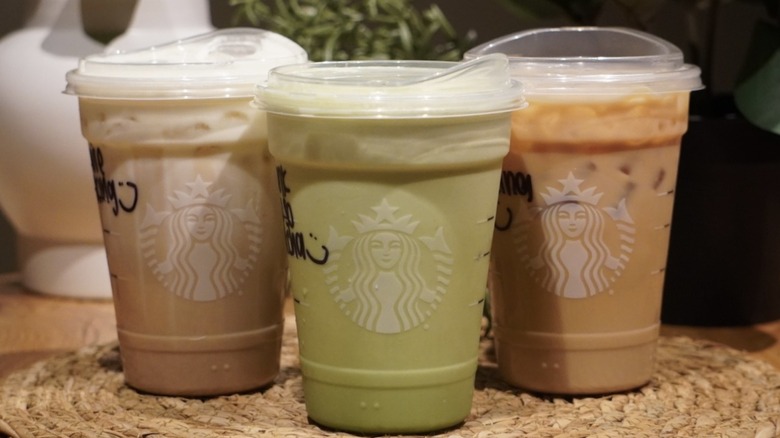 Close-up of Iced Vanilla Cream Protein Latte, Iced Banana Cream Protein Matcha, and Sugar-Free Vanilla Protein Latte on a woven placemat in front of plants