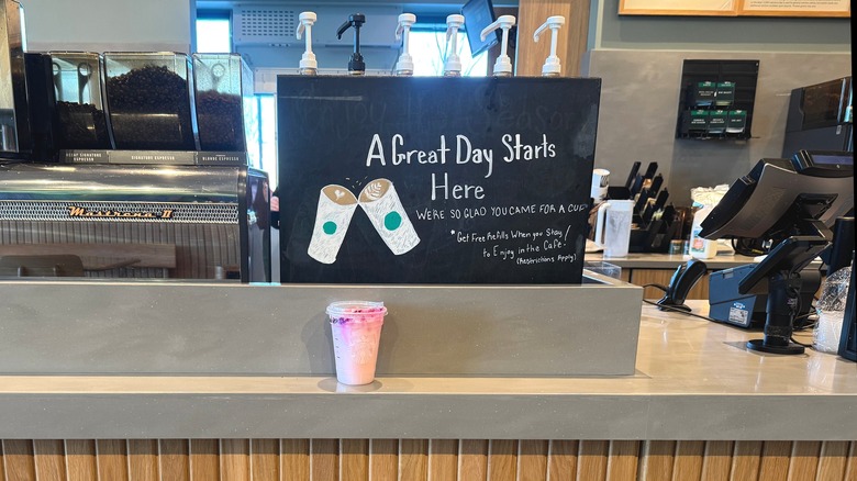 Pink Cannon Ball Drink on counter at Starbucks