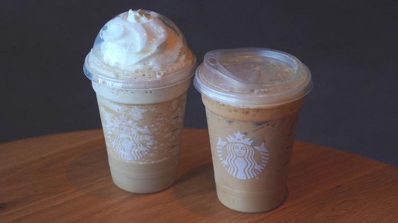 Side view of Starbucks' Horchata Frappuccino and Iced Horchata Shaken Espresso.