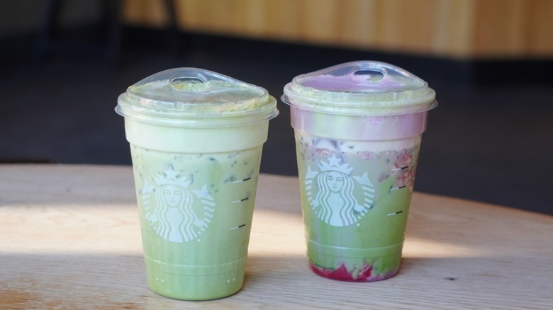 Starbucks Iced Banana Bread Matcha and Iced Double Berry Matcha (left to right)