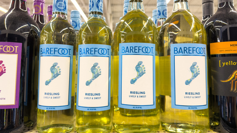 Barefoot riesling wine bottles on display.