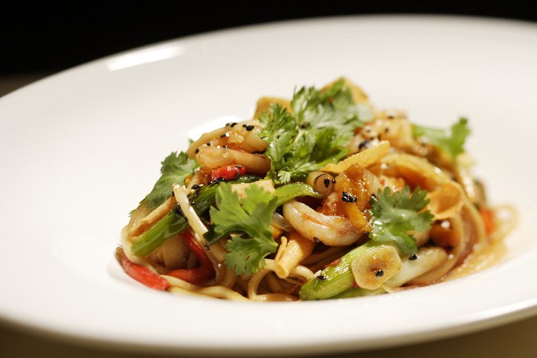 Healthy and flavorful roasted vegetable udon with shrimp from Chef Gourdet.