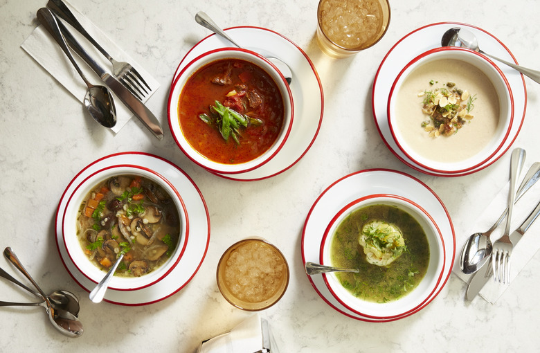 MUSHROOM BARLEY, BEEF & VEGETABLE, SMOKED MATZO BALL, ROASTED CAULIFLOWER