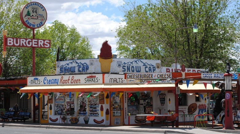 The exterior of Delgadillo's Snow Cap Drive-In