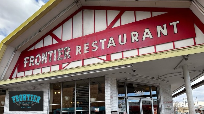 The exterior of Frontier Restaurant, a close up of the sign