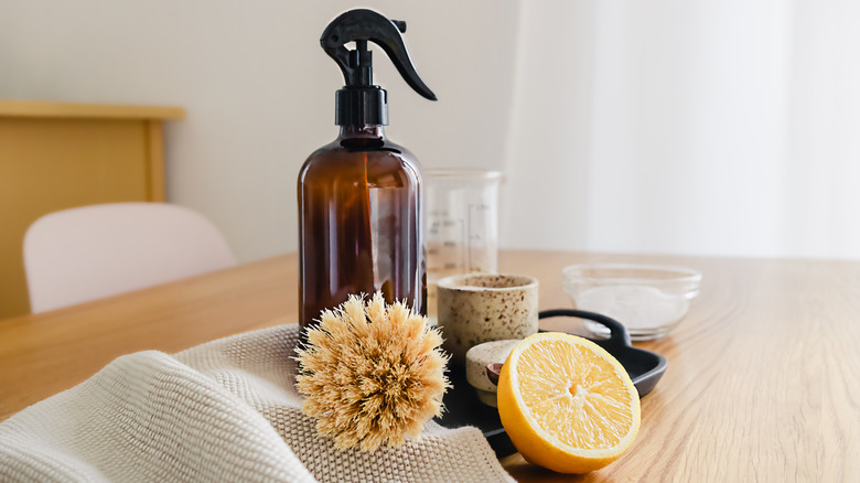 Spray bottle next to lemon wedge and brush