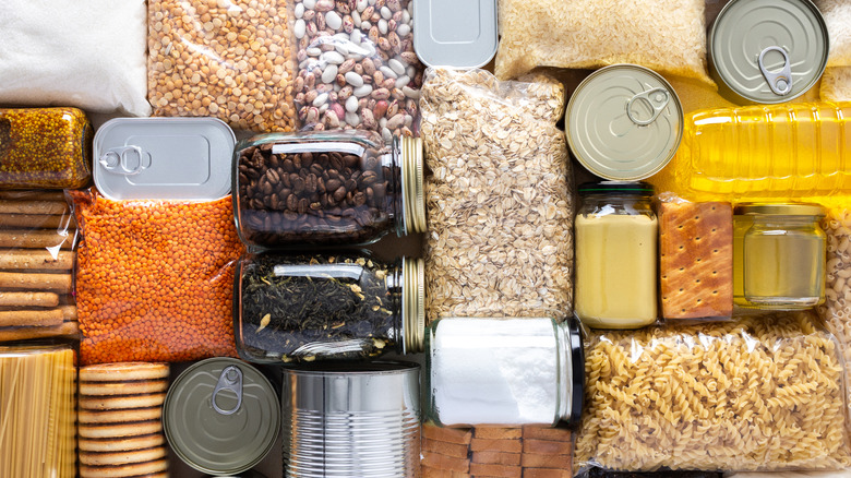 A variety of pantry items neatly packed together.