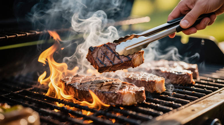 Steak cooking on a flaming grill