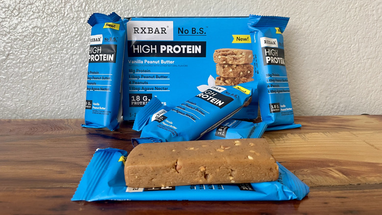 Box and bars of High Protein Vanilla Peanut Butter by RX Bars