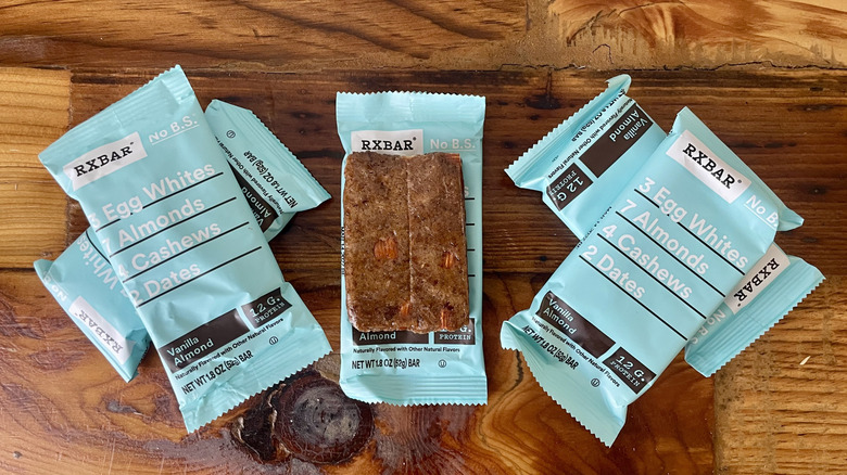 RX Bars Vanilla Almond-flavored protein bars on a wooden table