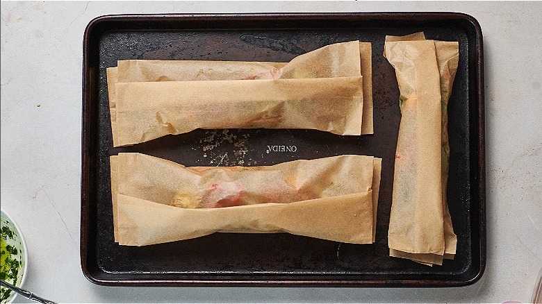 folded pouches on sheet tray