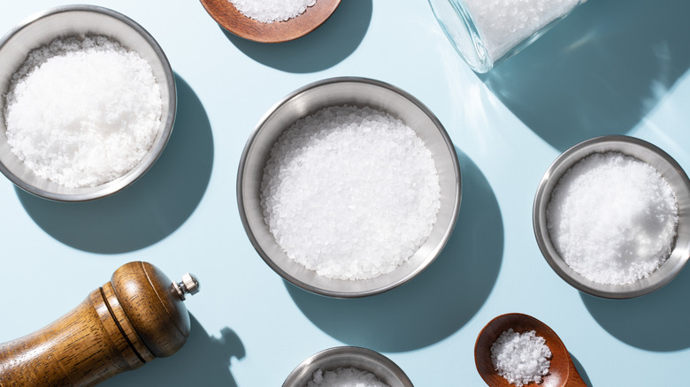 A variety of salts sit in bowls on a light blue surface