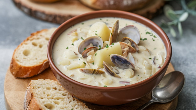 New England clam chowder with crusty bread sliced beside the bowl.
