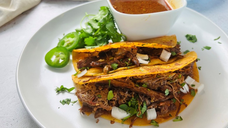 saucy birria tacos on plate