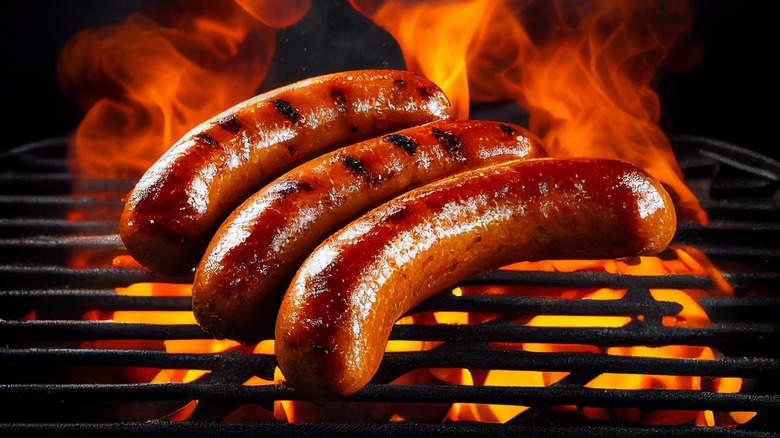 sausages cooking over open flame