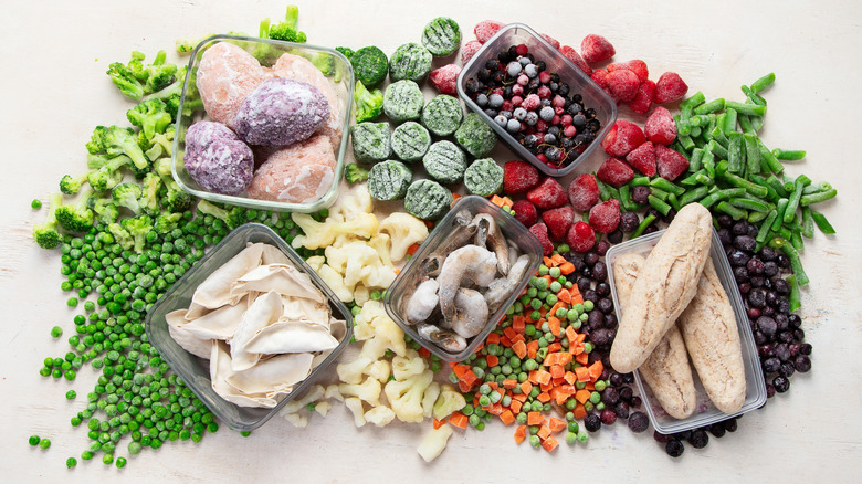 An array of frozen fruits, vegetables, and meats