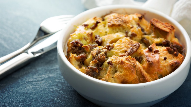 sausage breakfast strata in bowl