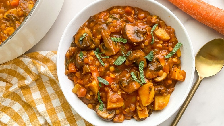 mushroom stew in white bowl