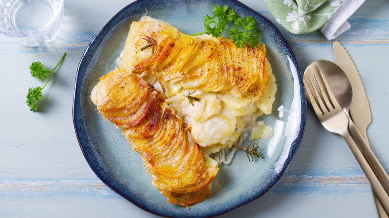 scalloped potatoes served on plate