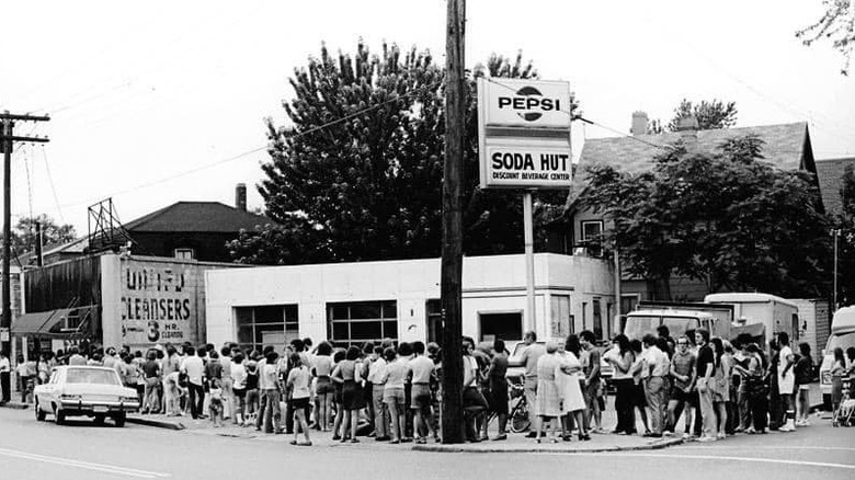 Long line of customers outside of Steve's Ice Cream