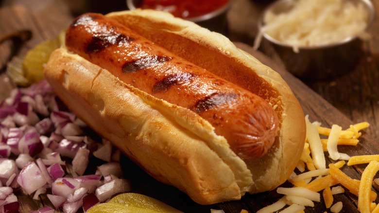 grilled hot dog in bun