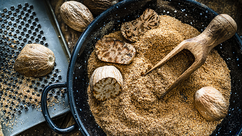 Freshly grated nutmeg in bowl