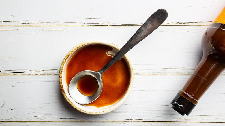 Spoon of Worcestershire sauce