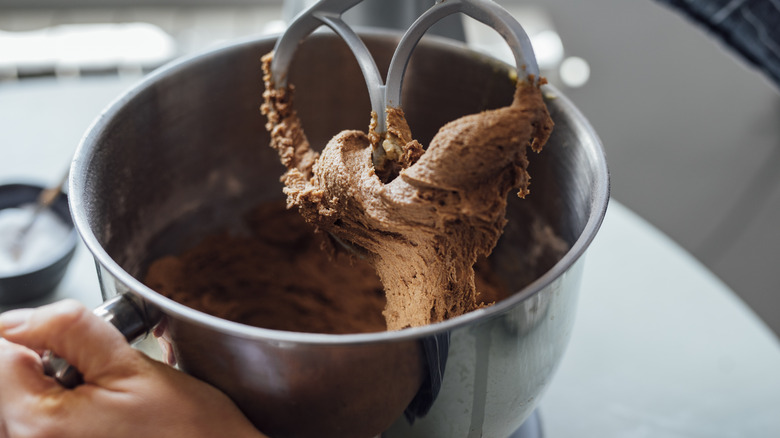 steel mixing bowl filled with batter