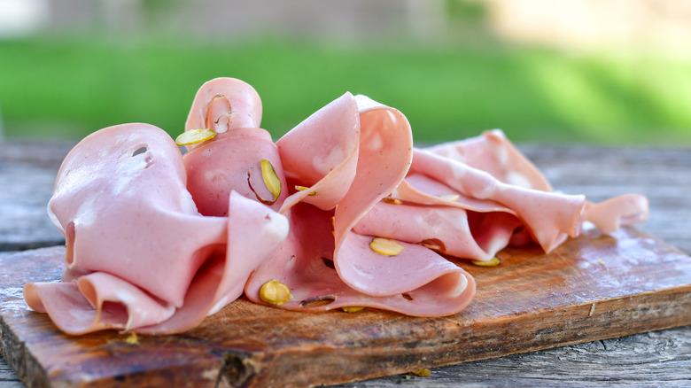 Slices of mortadella and bologna