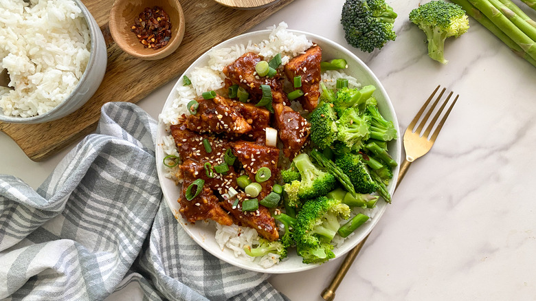 tempeh and broccoli in bowl