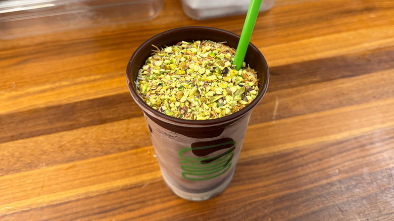 Shake Shack Dubai Chocolate Pistachio Shake, top down uncracked