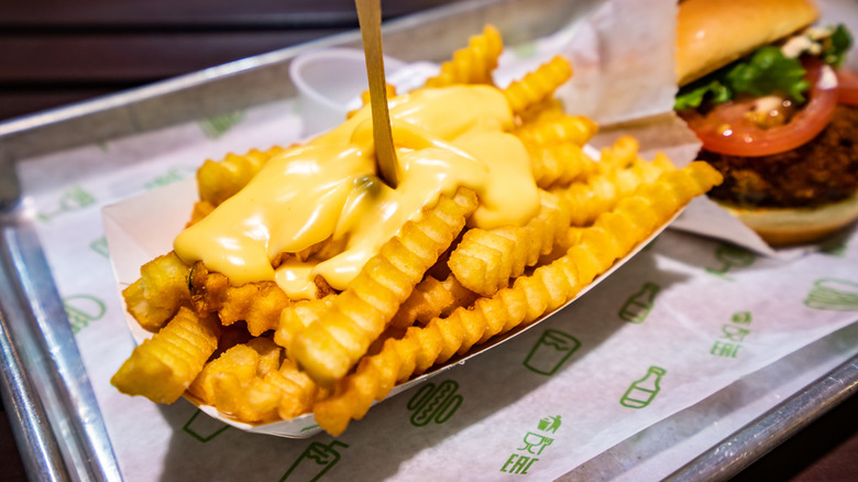 Shake Shack cheese fries with a wooden fork stuck in the top