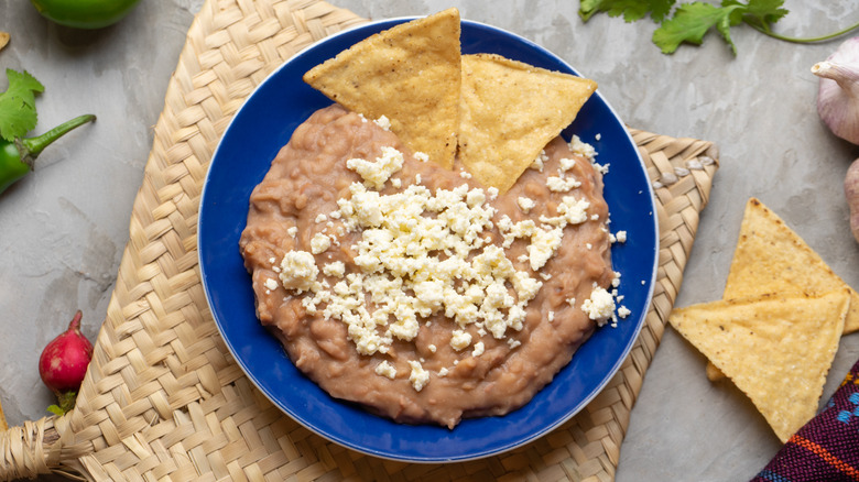 Bowl of creamy refried beans 