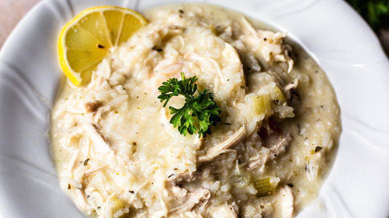 Avgolemono soup in bowl