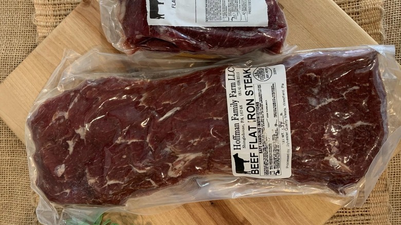A packaged flat-iron steak.