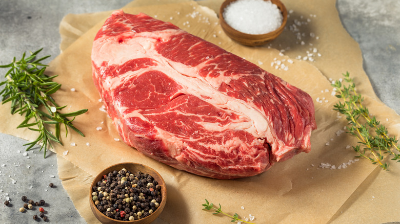 A chuck steak sits on butcher's paper.