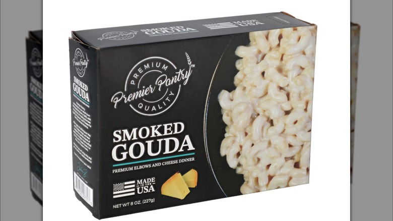 A box of Premier Pantry Smoked Gouda Premium Elbows and Cheese Dinner.
