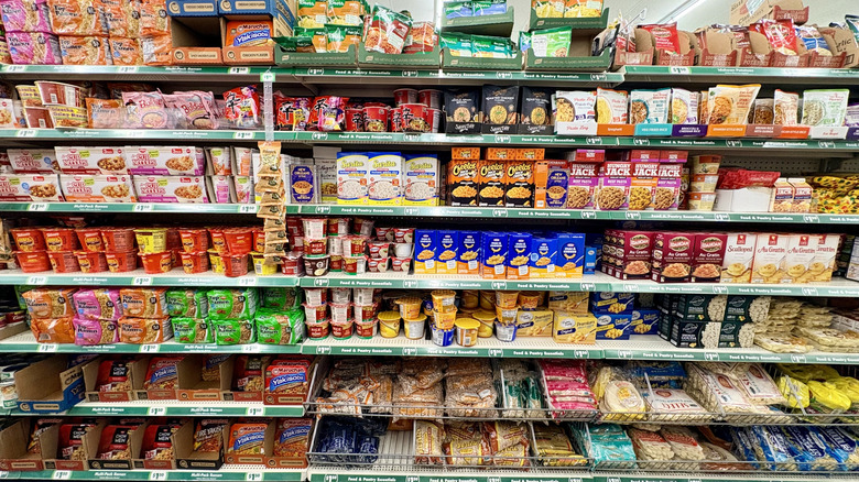 A Dollar Tree's boxed pasta aisle.